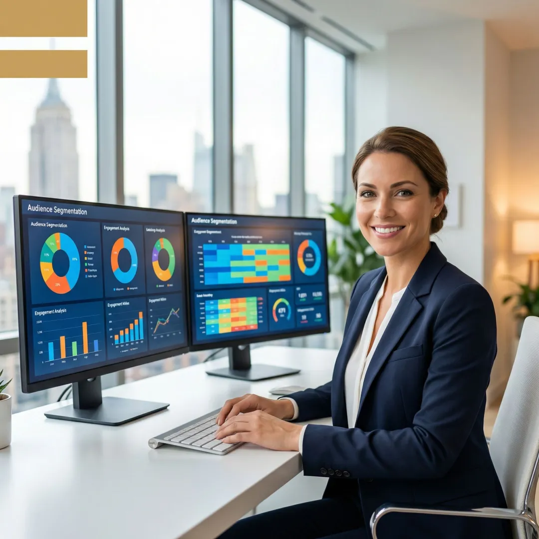 Data analyst reviewing audience engagement metrics and demographics on a dashboard in a modern NYC office