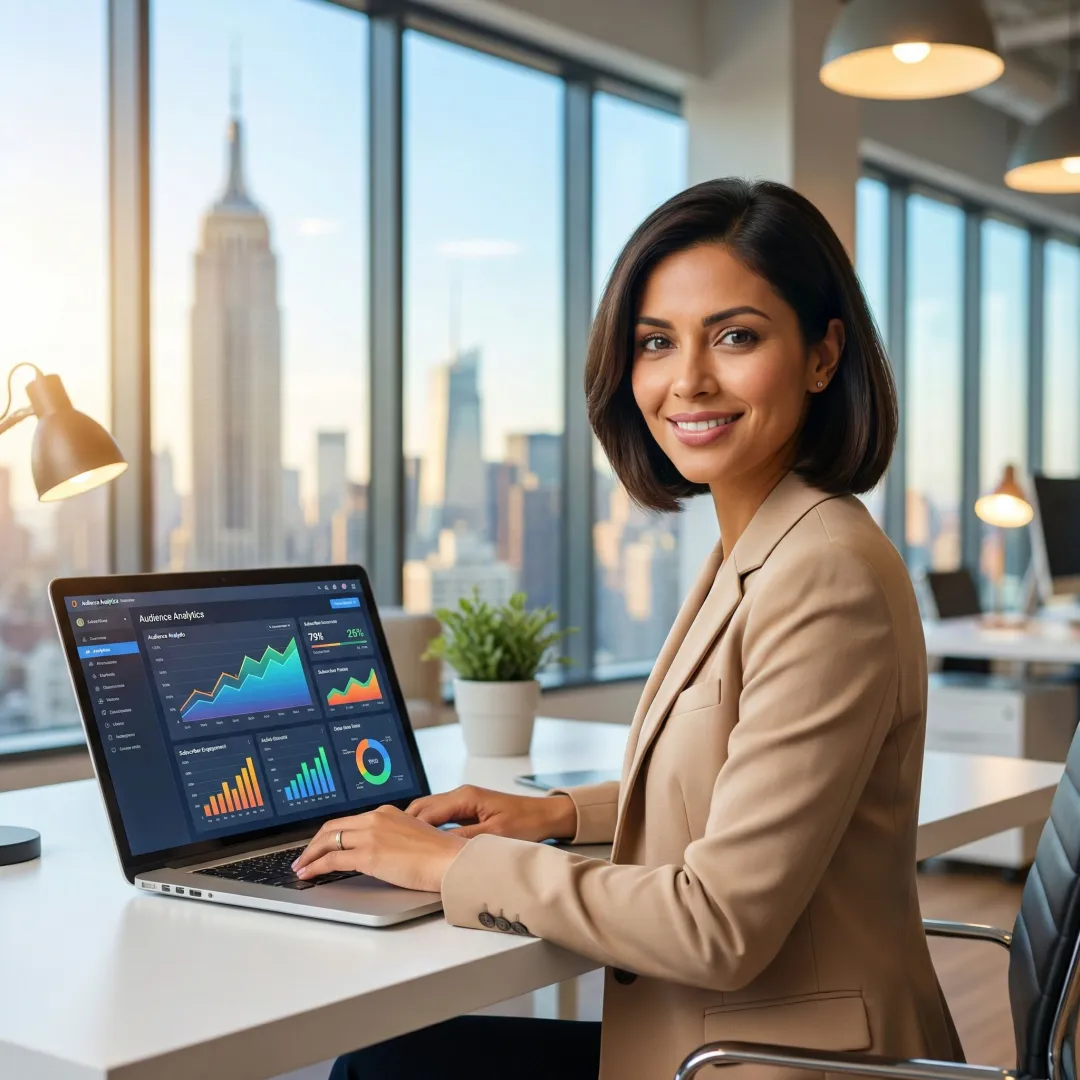 NYC marketer reviewing newsletter audience engagement data and click-through rate charts on a laptop