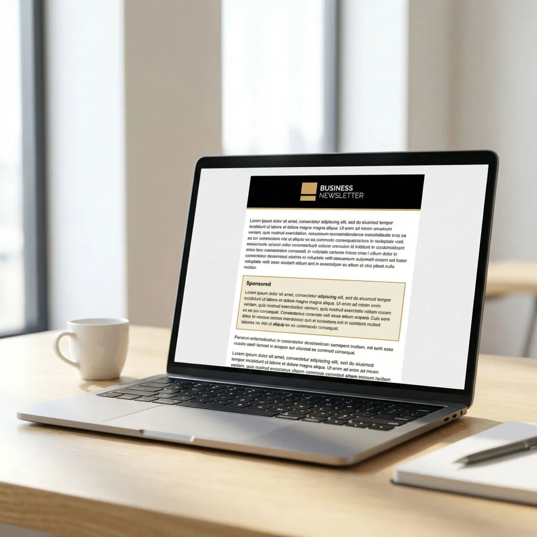 Brand sponsored content placement inside a professional email newsletter on a laptop screen
