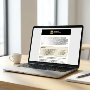 Brand sponsored content placement inside a professional email newsletter on a laptop screen