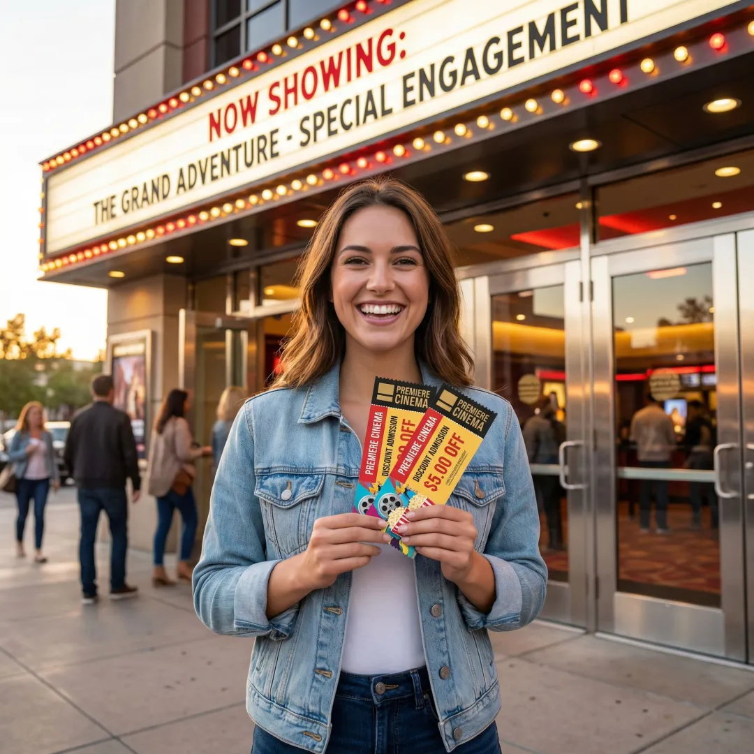 Person holding discount movie tickets outside a cinema entrance
