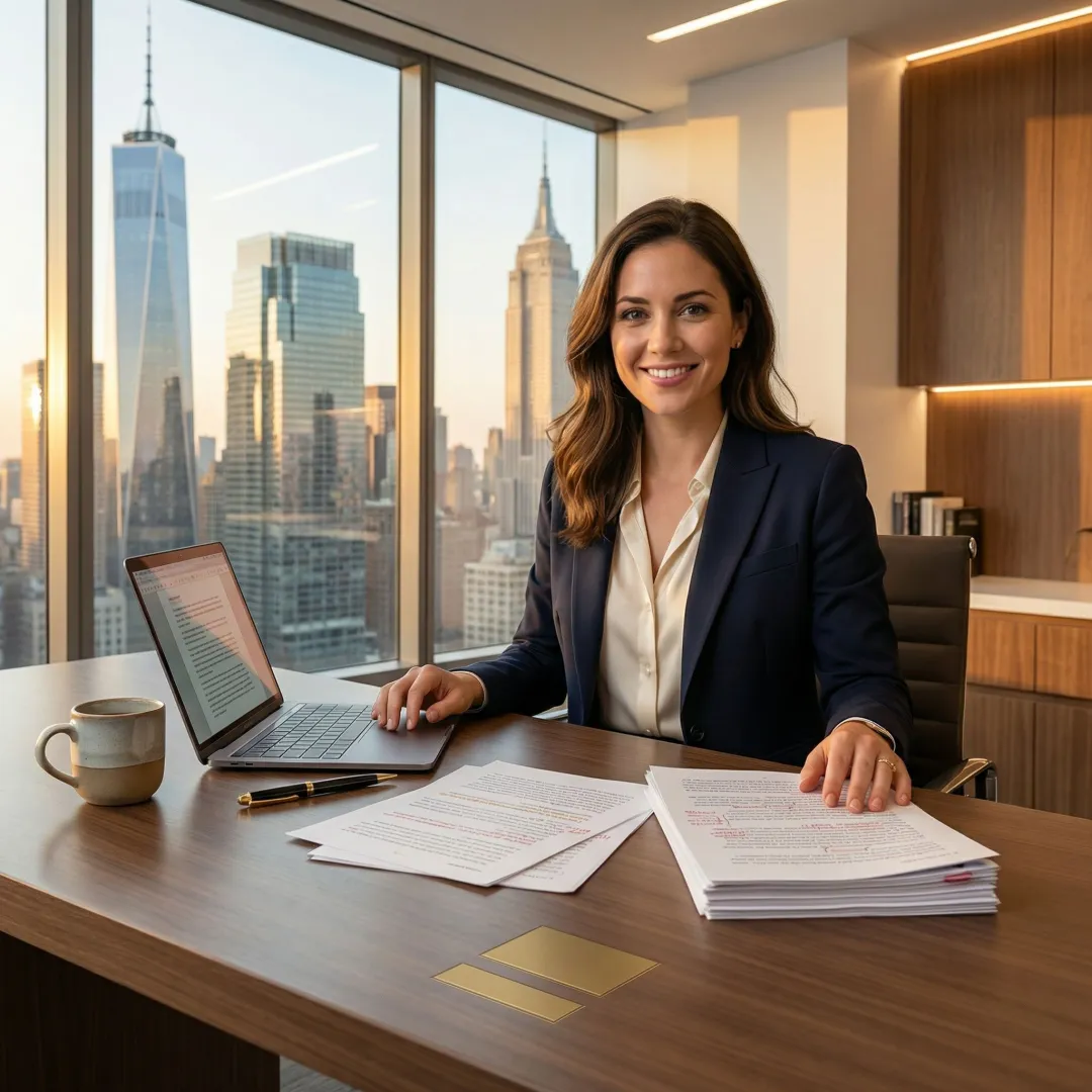 Professional writer crafting a fact-checked newsletter at a desk in a New York City office