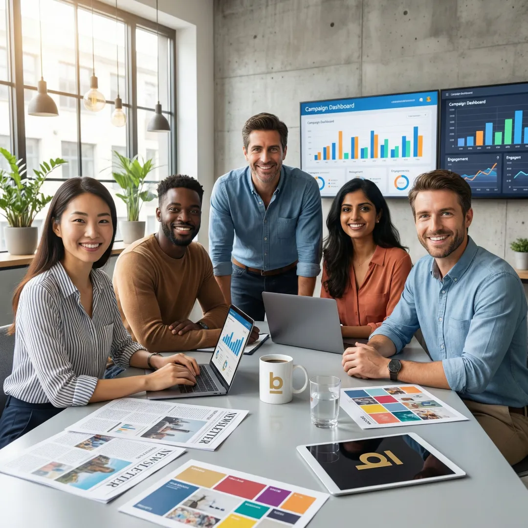 Marketing team planning a newsletter ad campaign with data charts and editorial content on screen