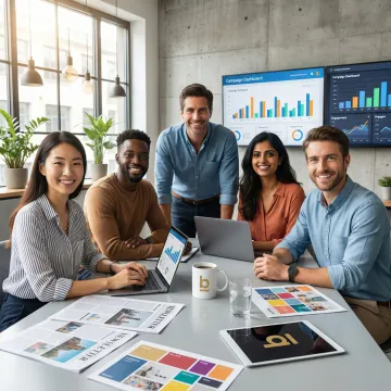 Marketing team planning a newsletter ad campaign with data charts and editorial content on screen