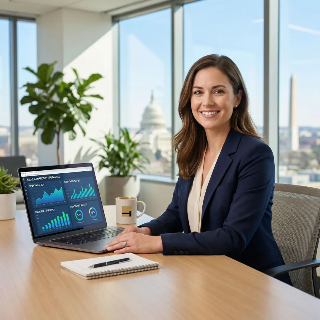 Brand marketer reviewing newsletter sponsorship analytics on a laptop in a modern DC office