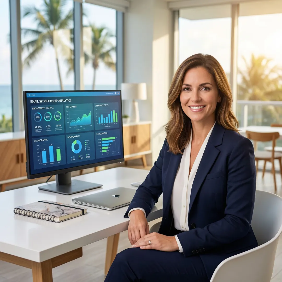 Brand strategist reviewing newsletter sponsorship performance data on a screen in a Miami workspace