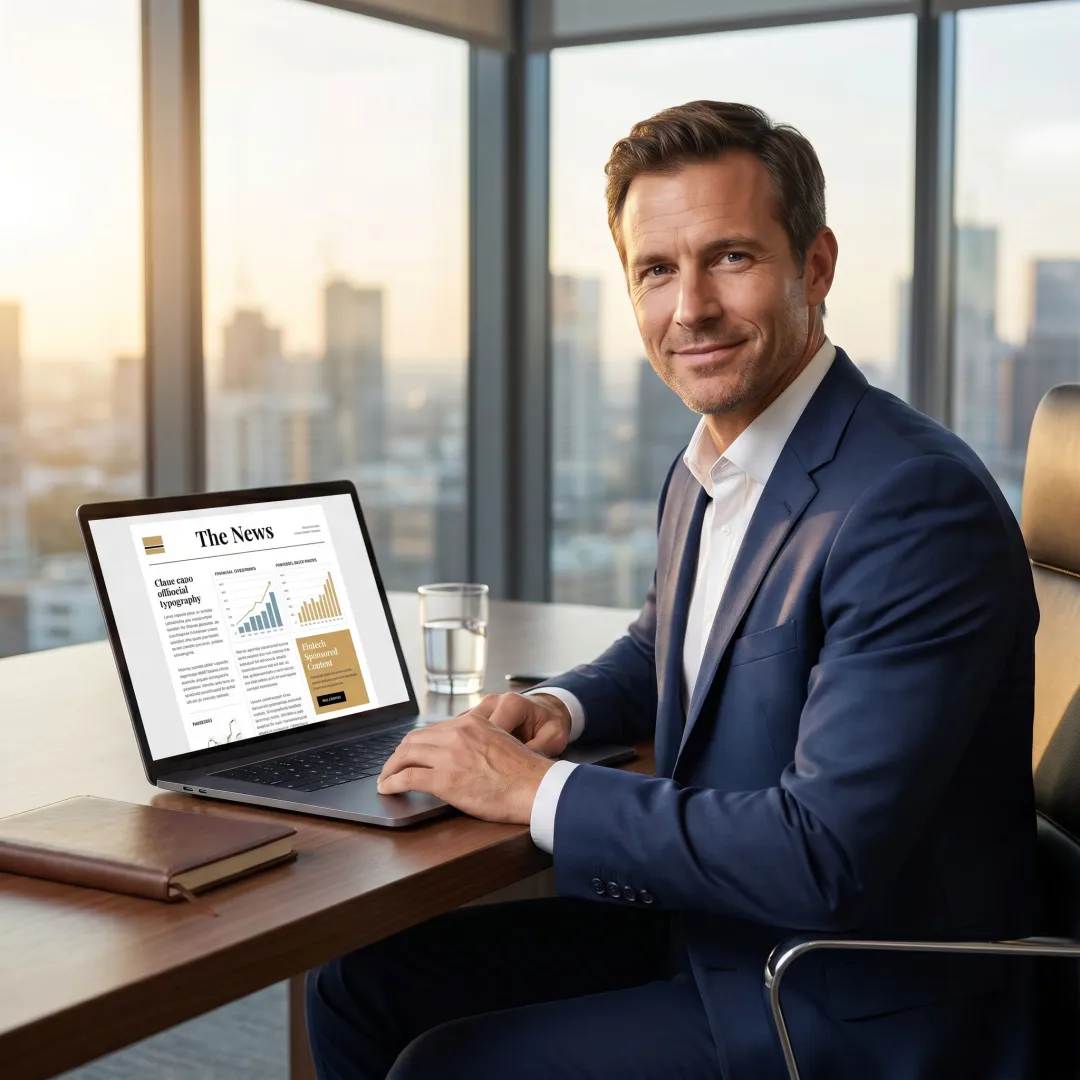 Executive reading fintech sponsored content in premium newsletter