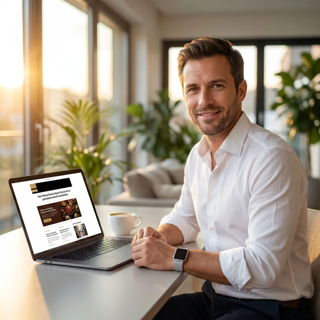 Executive reading newsletter with smartwatch ad