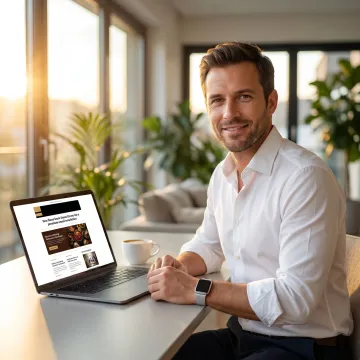 Executive reading newsletter with smartwatch ad
