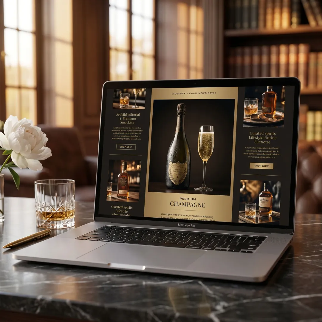 Premium alcohol brand campaign shown in editorial newsletter format