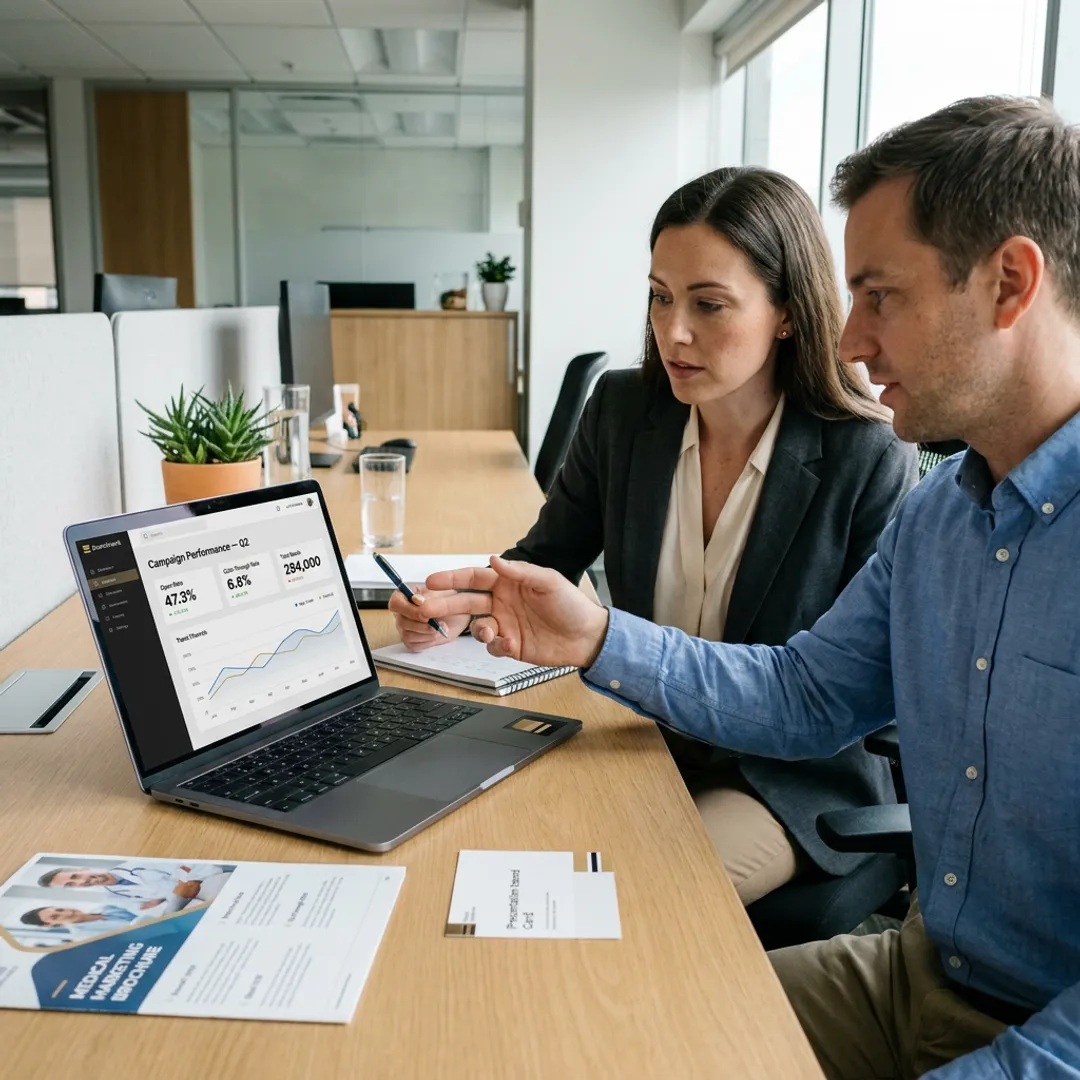 Healthcare marketing team reviewing newsletter advertising performance