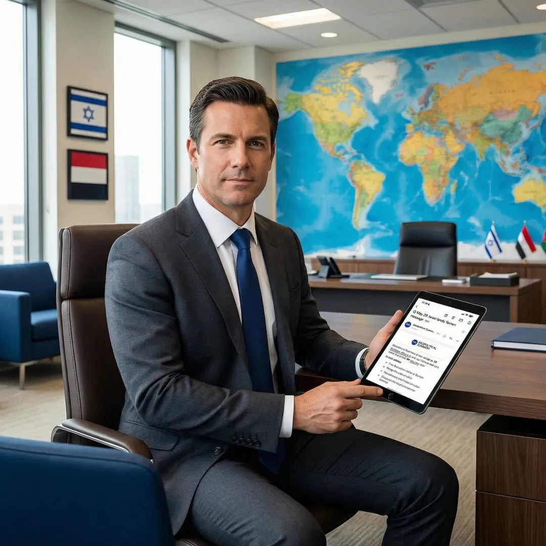Professional reading international news newsletter on tablet with global map background