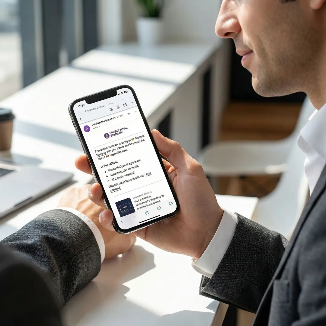 Brand advertisement seamlessly integrated within a premium email newsletter read by a business professional