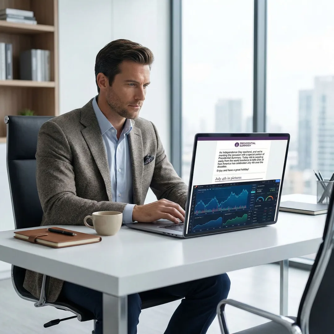 Person reading a daily financial news newsletter on a laptop with market charts visible