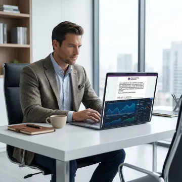 Person reading a daily financial news newsletter on a laptop with market charts visible