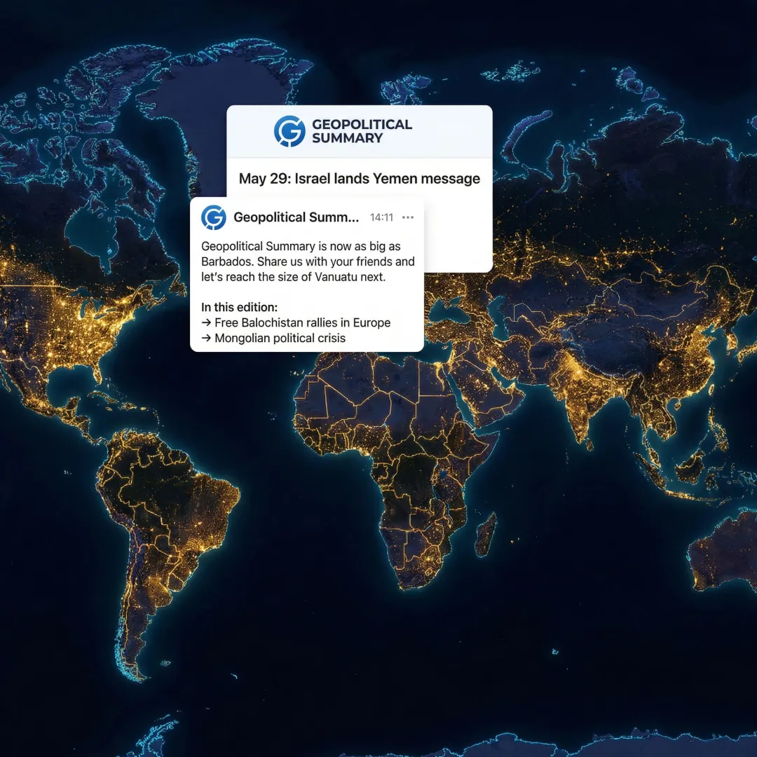 World map with geopolitical news highlights and newsletter interface overlay