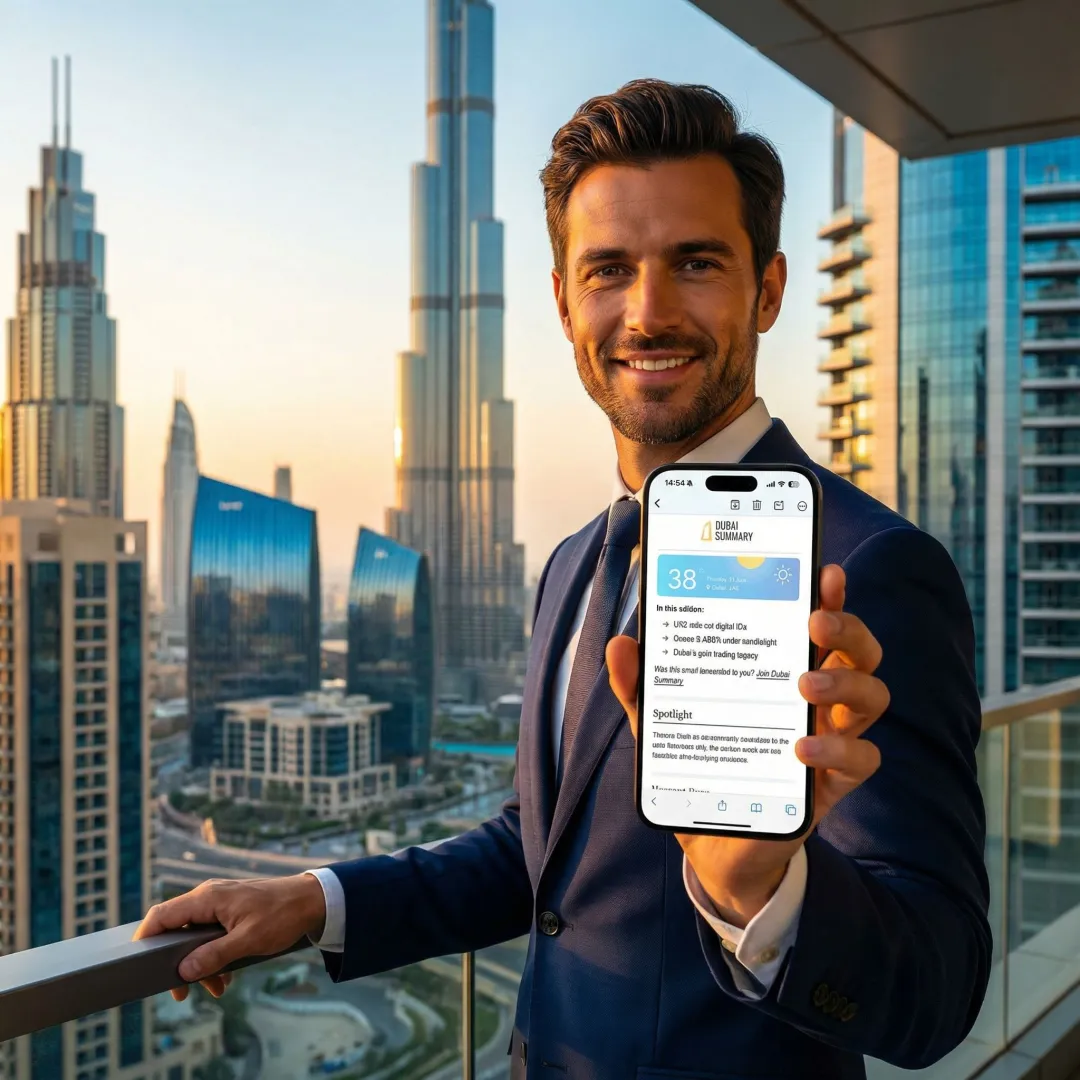 Dubai skyline at sunrise with a newsletter on a smartphone screen in the foreground