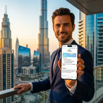 Dubai skyline at sunrise with a newsletter on a smartphone screen in the foreground