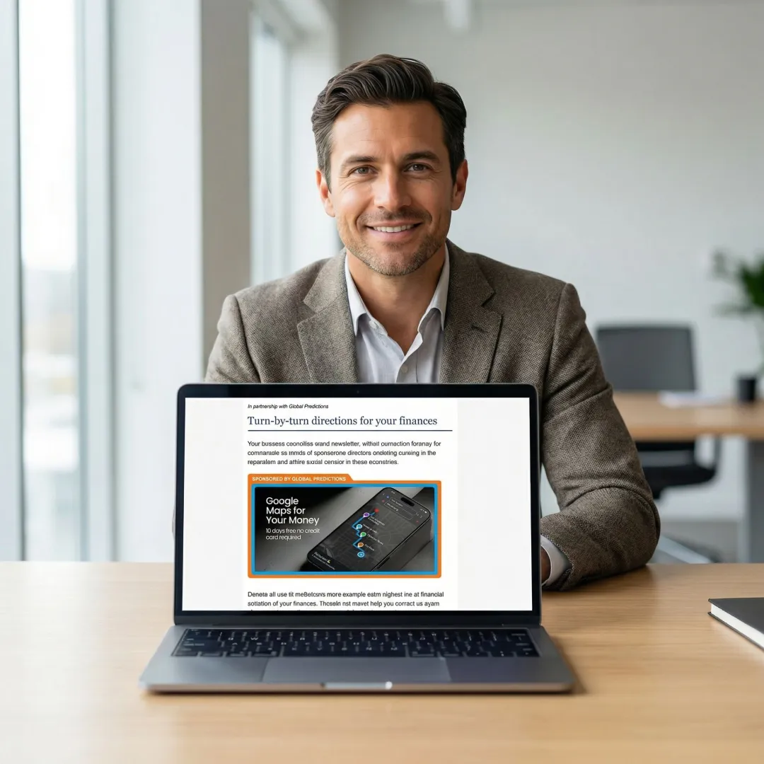 Brand advertisement placed inside a professional email newsletter on a laptop screen