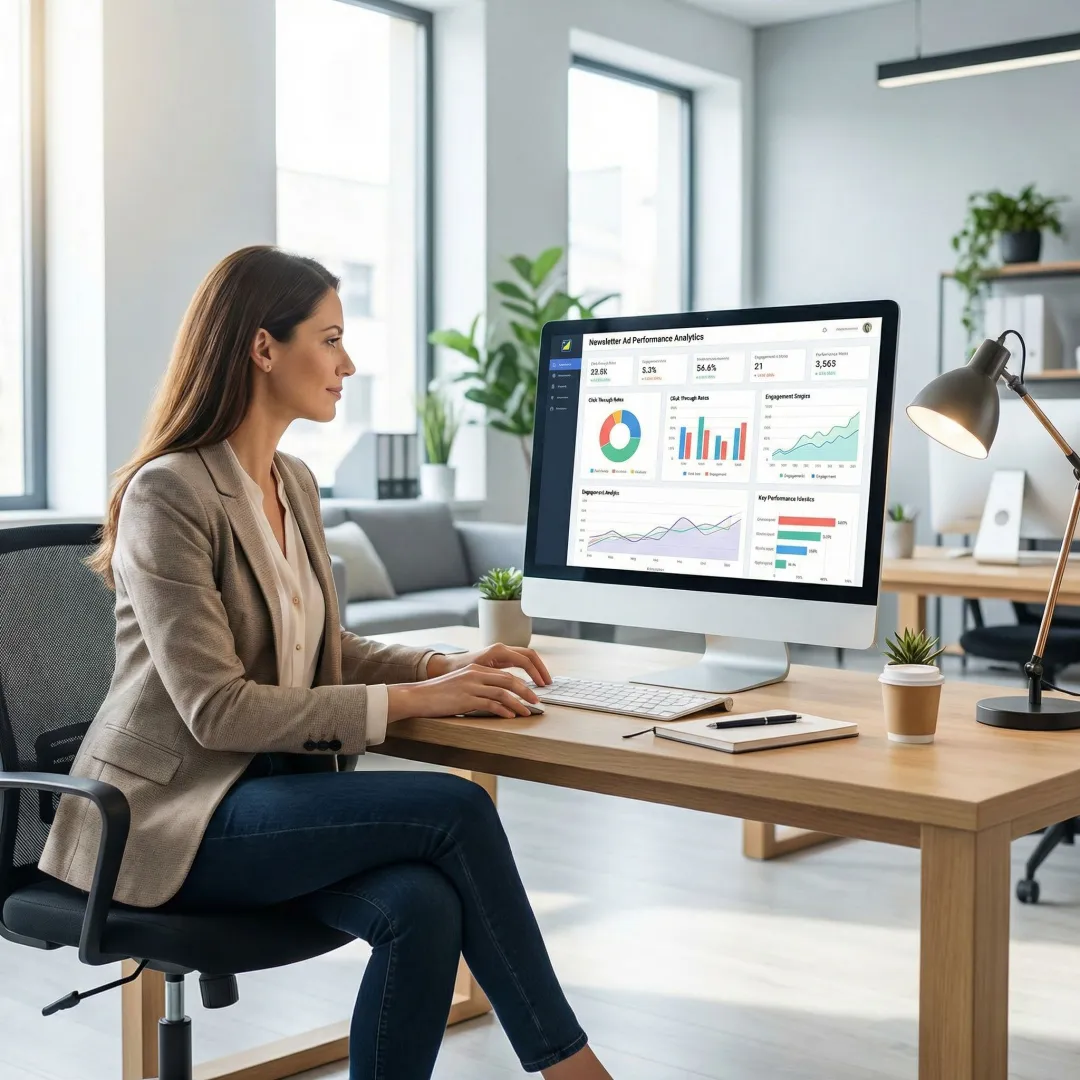 Advertiser reviewing email newsletter campaign analytics on a desktop screen