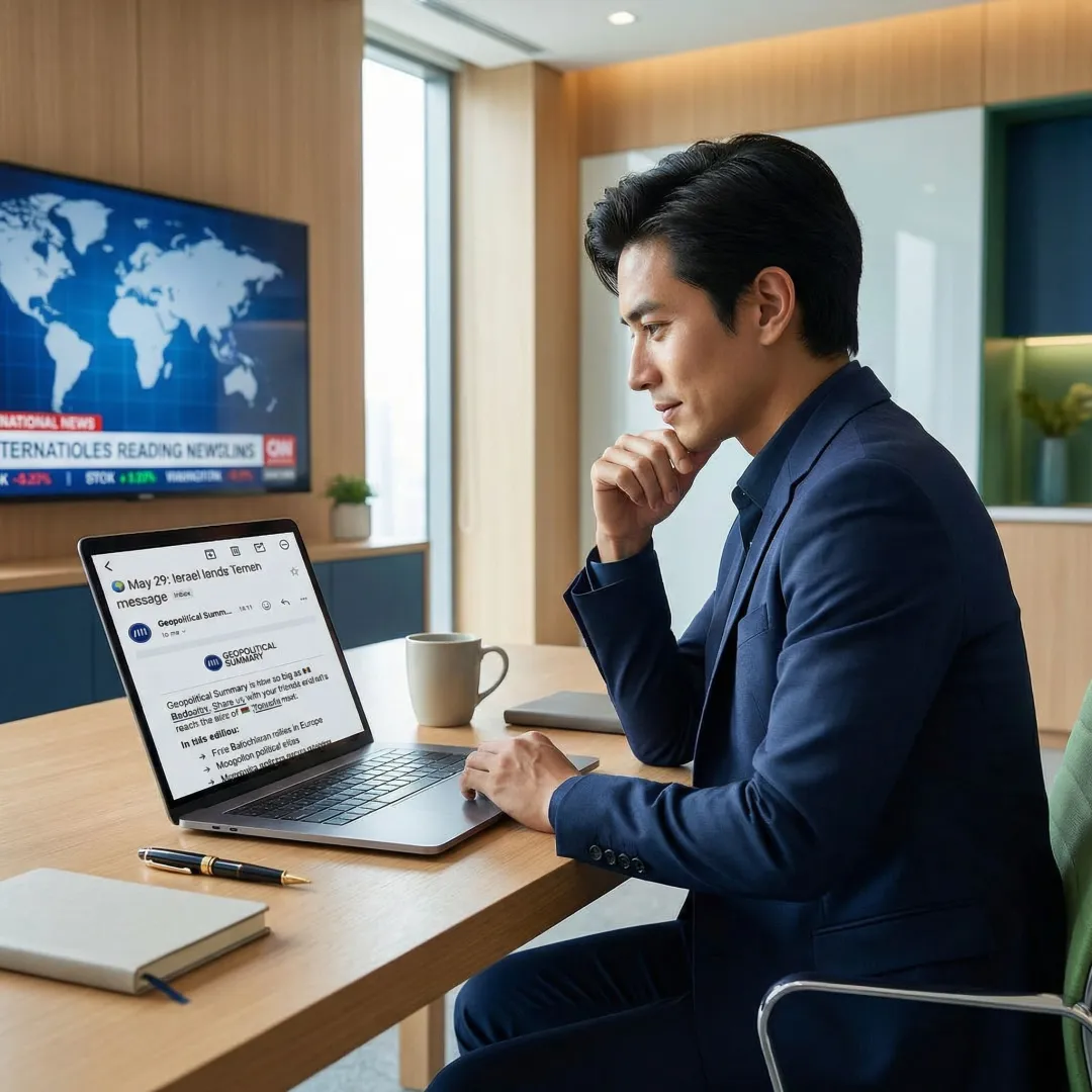 Person reading a world news summary newsletter on a laptop with global headlines visible