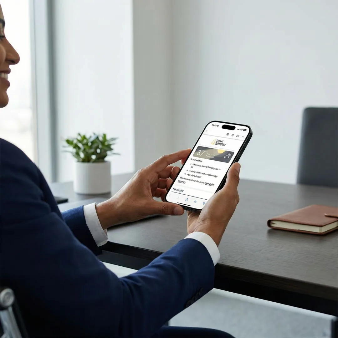 Person reading a House of Summary newsletter on a smartphone in a professional setting