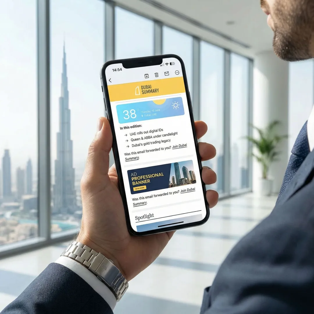 Newsletter advertising placement shown inside an email on a smartphone in Dubai