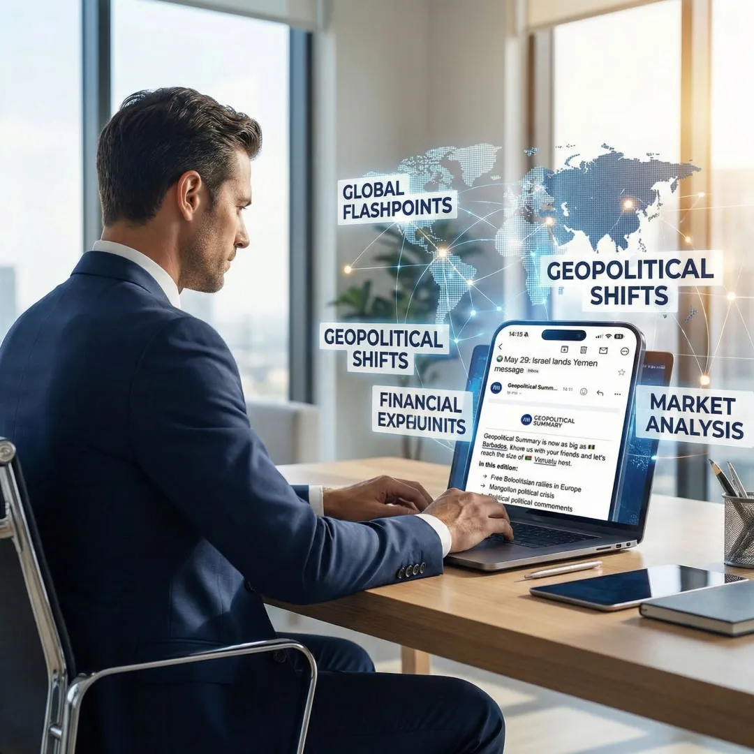 Professional reading a curated news summary newsletter on a laptop at a modern desk