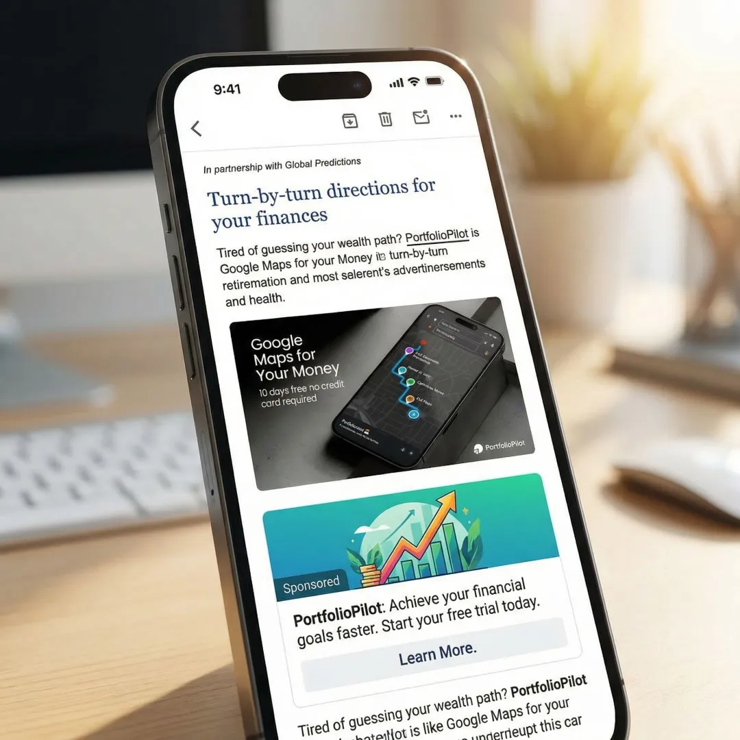 Email newsletter open on a smartphone showing an inline brand advertisement