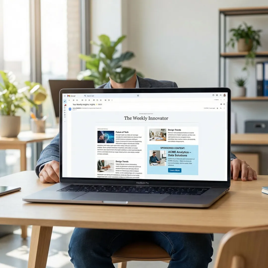 Branded content placement inside a premium email newsletter on a laptop screen
