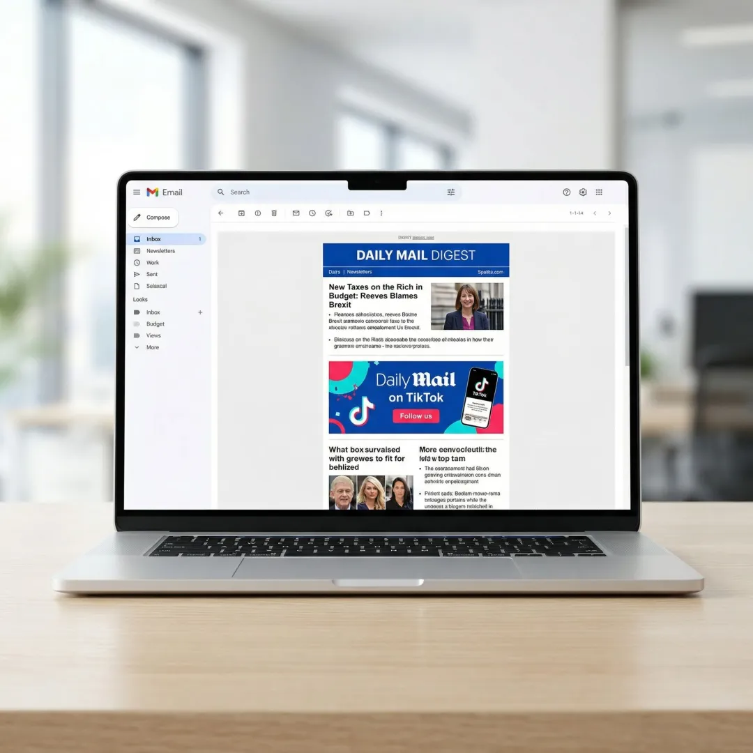 Newsletter banner ad displayed inside an email newsletter on a laptop screen