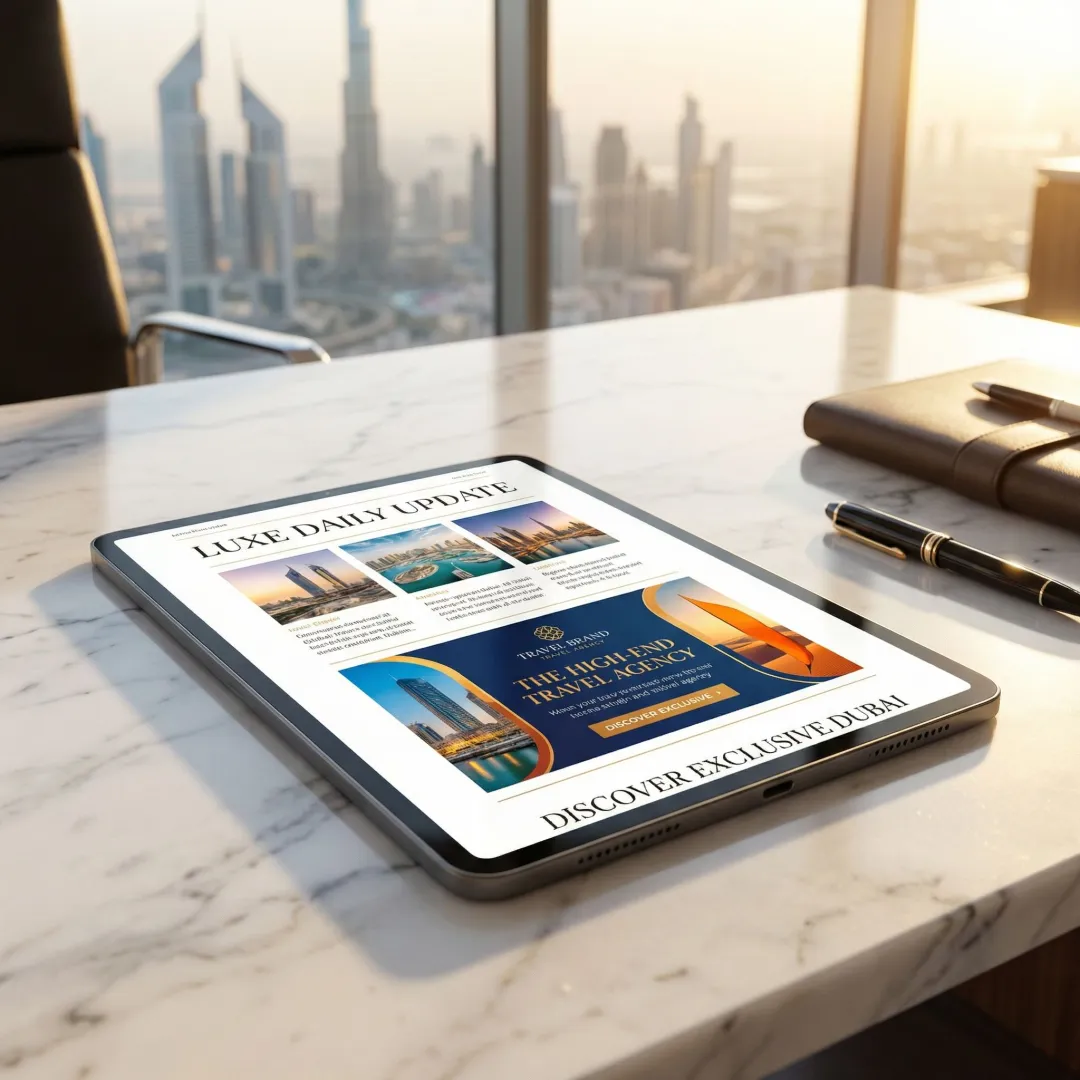 Brand advertisement displayed within a premium email newsletter on a tablet in a Dubai office setting