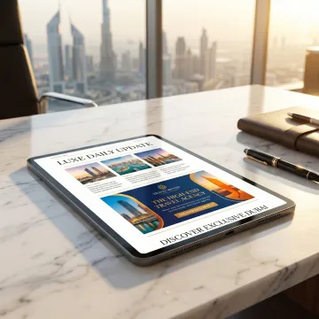 Brand advertisement displayed within a premium email newsletter on a tablet in a Dubai office setting