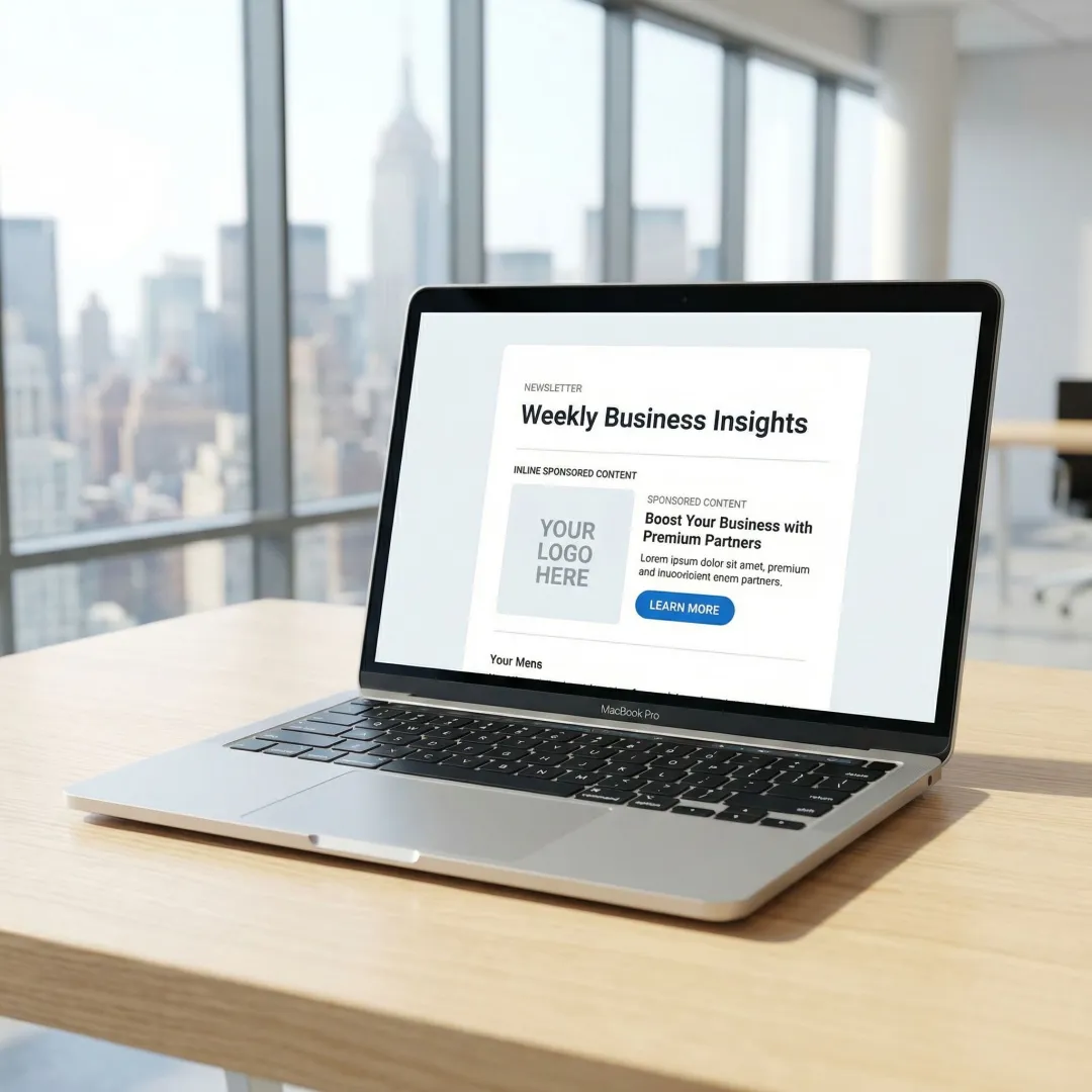 Newsletter brand placement integrated within editorial content on a laptop screen viewed by a New York professional