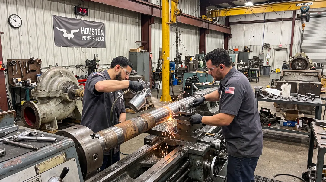 Houston Pump and Gear technician performing emergency shaft repair service