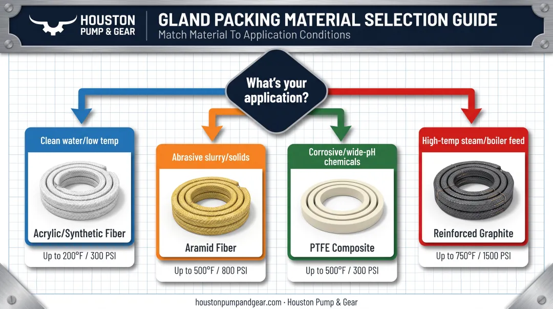 Gland packing material selection flowchart by application and temperature