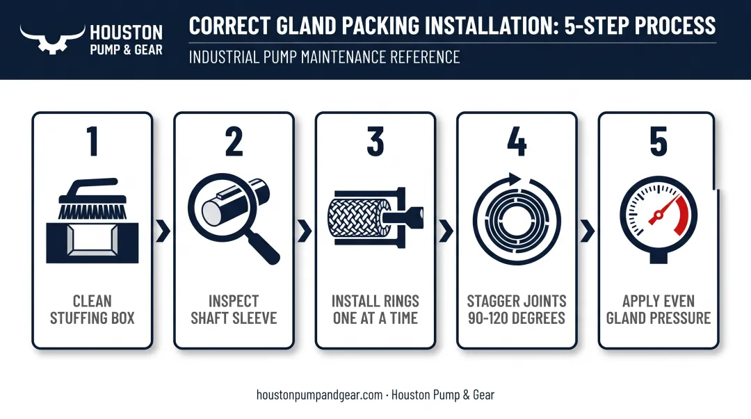 5-step gland packing installation process from cleaning to compression
