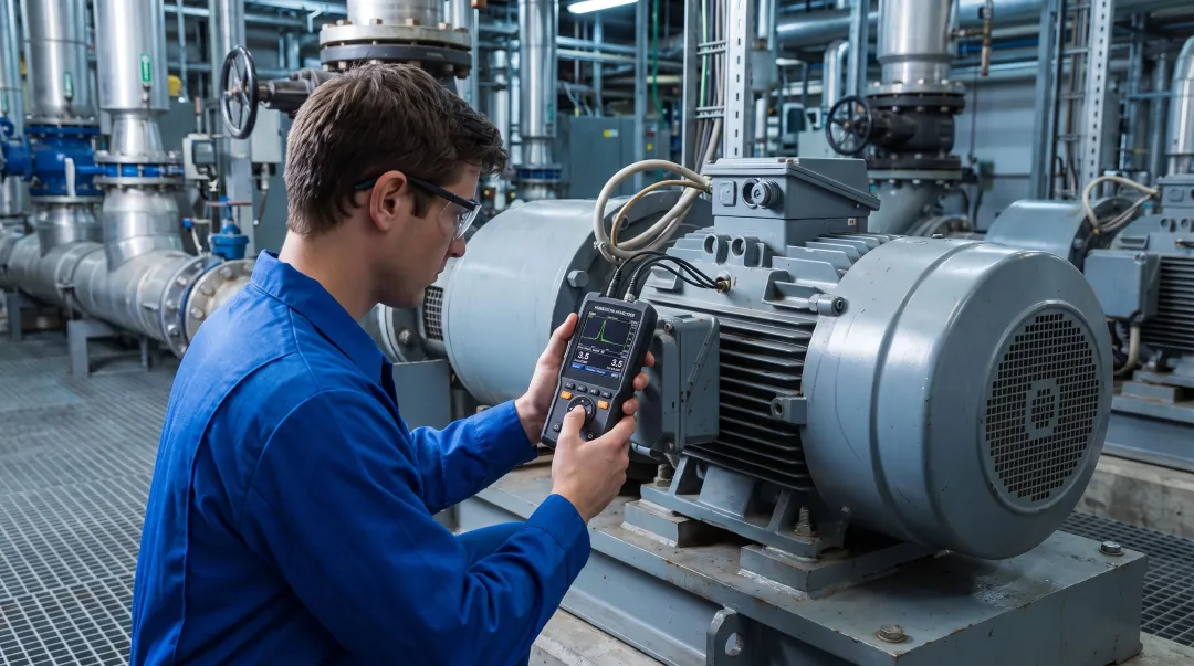 Maintenance technician performing vibration analysis on industrial pump shaft