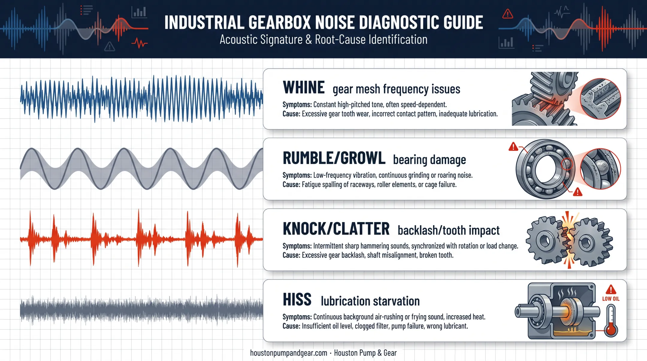 Four gearbox noise signatures and their underlying mechanical causes