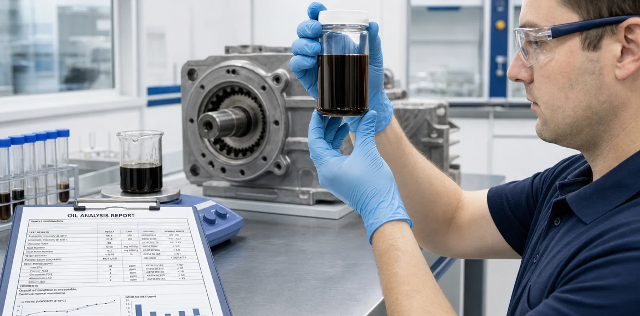 Industrial gearbox oil sample analysis for contamination and wear
