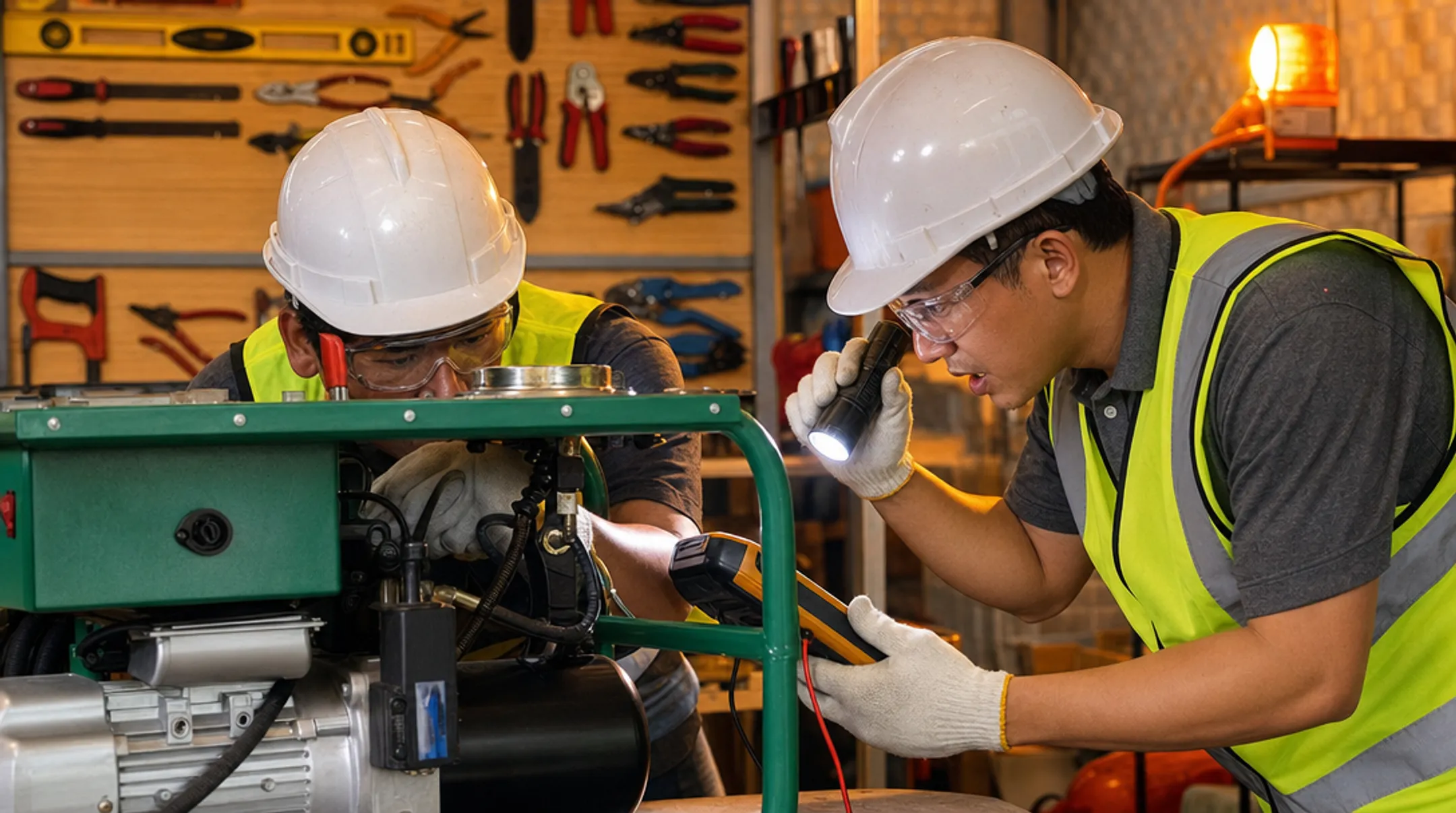 Certified technician performing emergency repair on industrial pump equipment