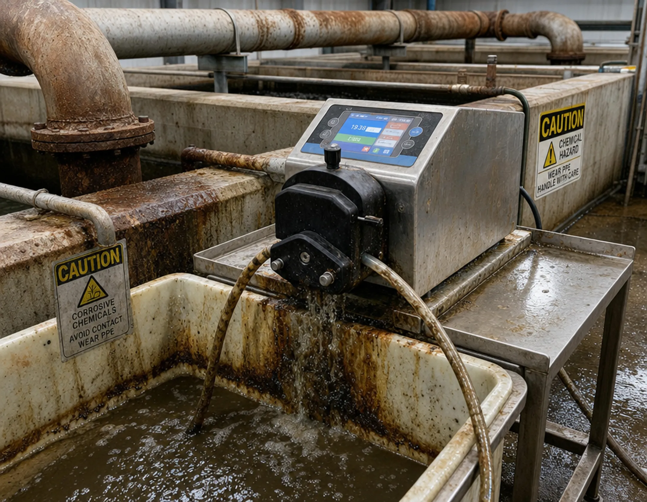 Industrial chemical dosing pump showing leakage and corrosion warning signs