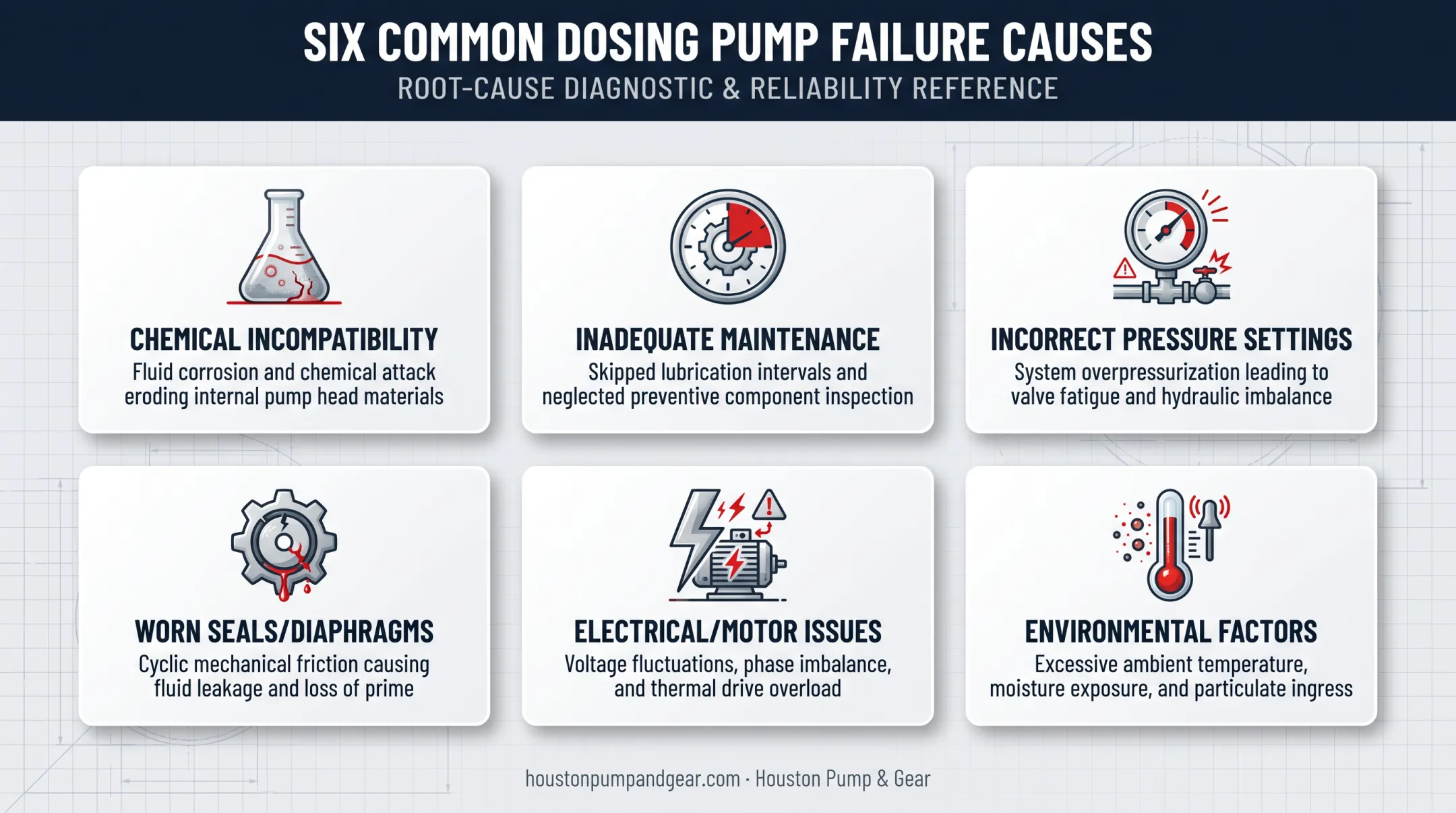 Six common causes of chemical dosing pump failure diagram