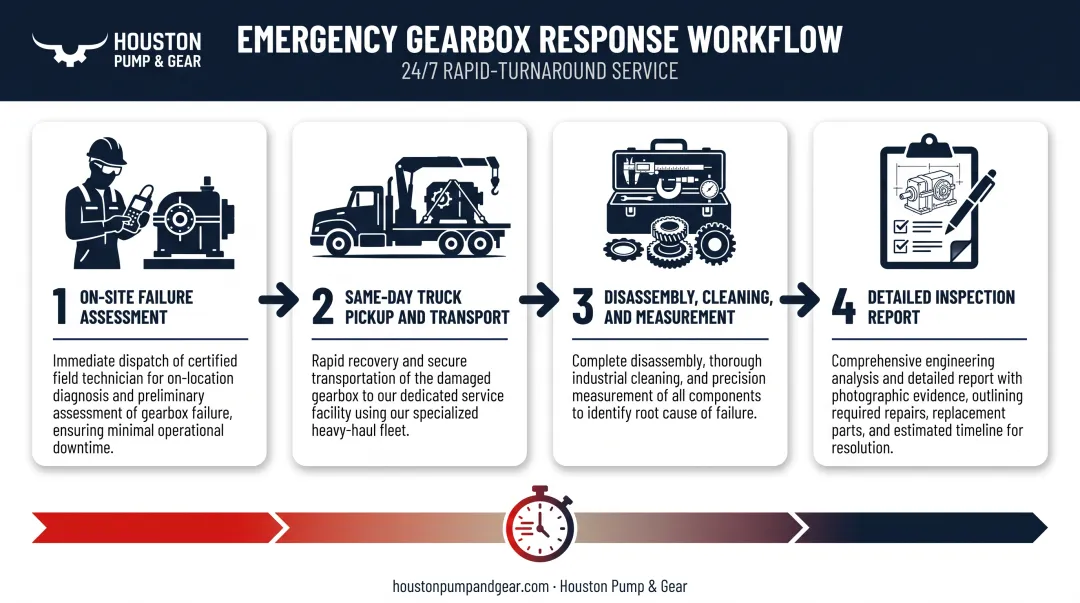 Four step emergency gearbox failure response and repair workflow