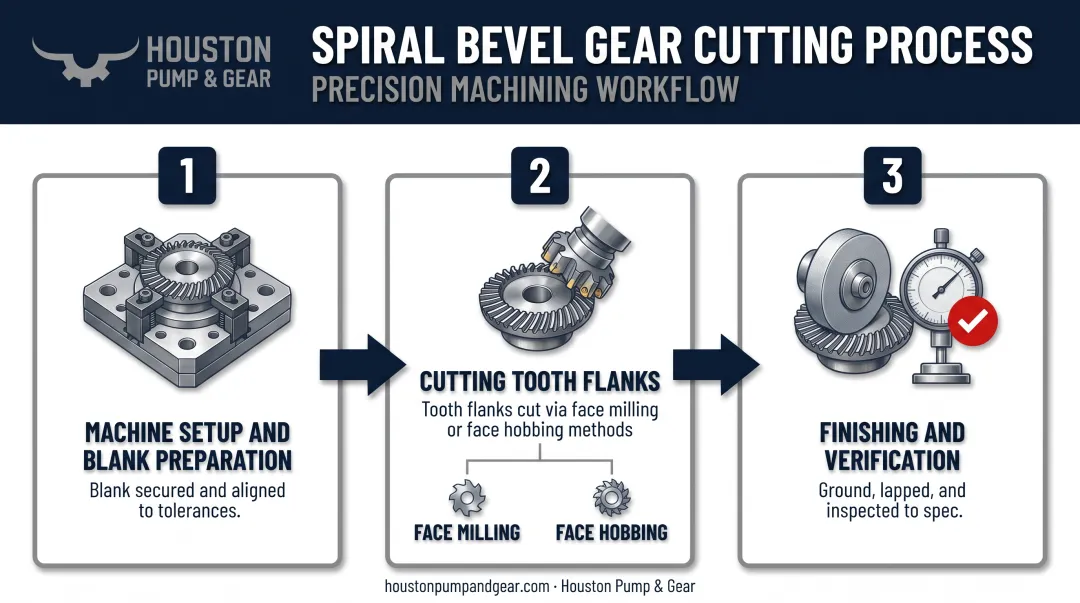 Three step spiral bevel gear cutting process from setup to verification