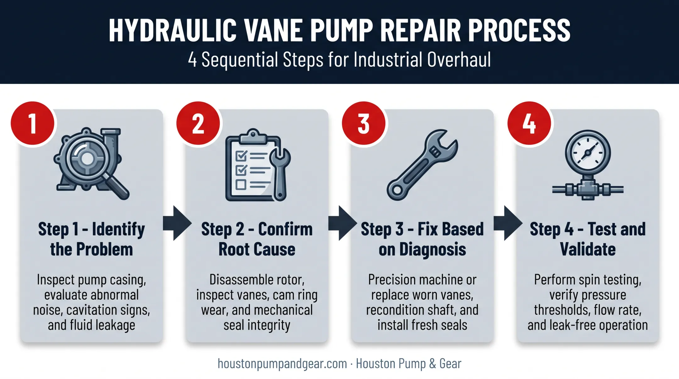 Four-step hydraulic vane pump repair and testing process flow