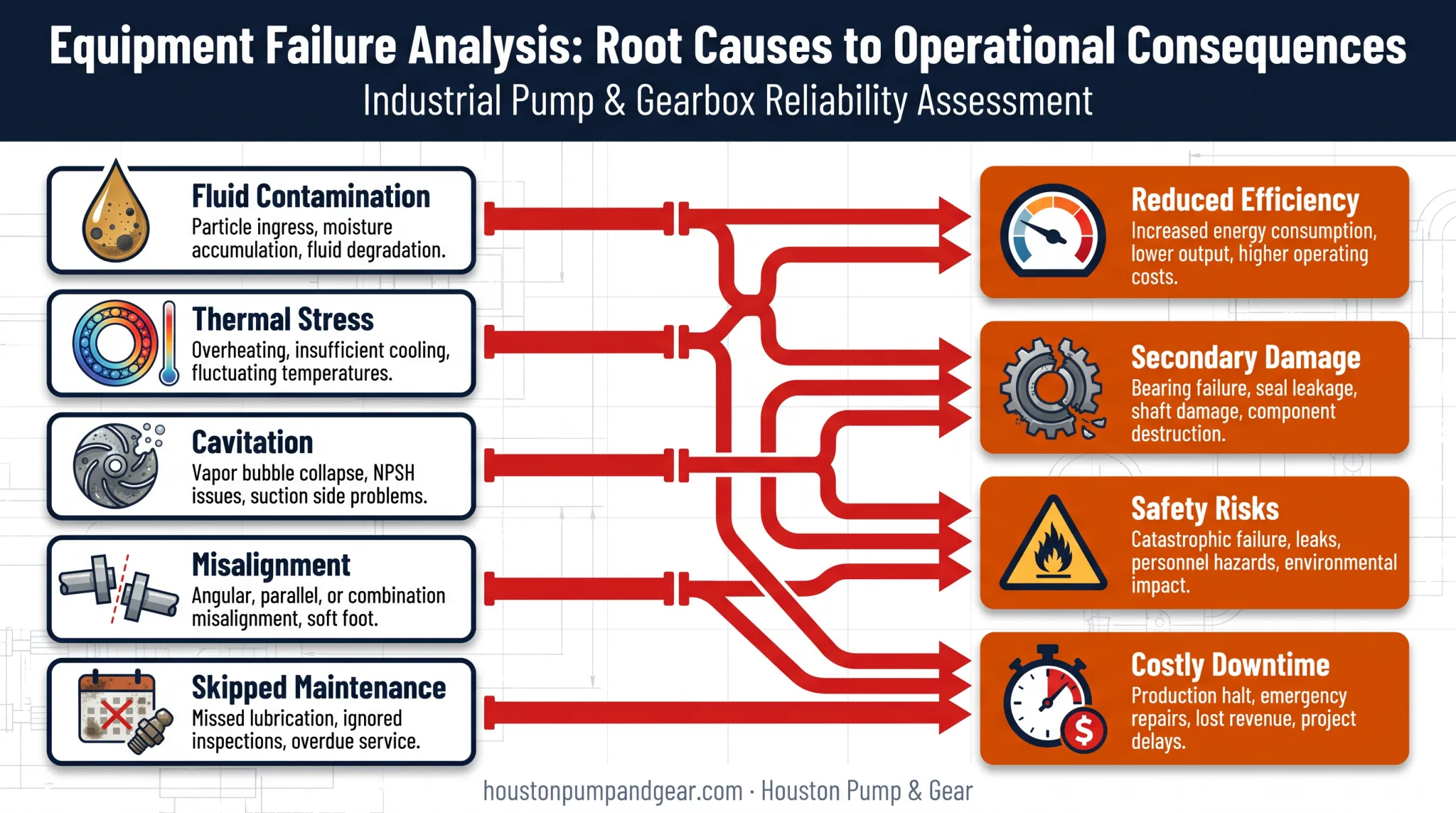 Root causes of vane pump failure leading to downtime consequences flowchart
