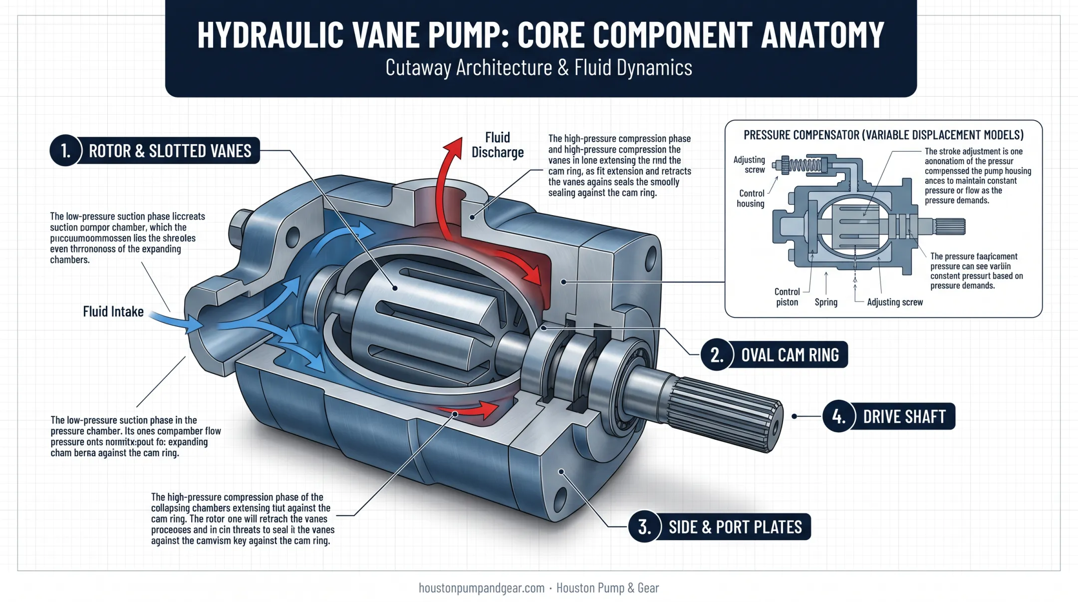 Hydraulic vane pump main components labeled diagram rotor vanes cam ring