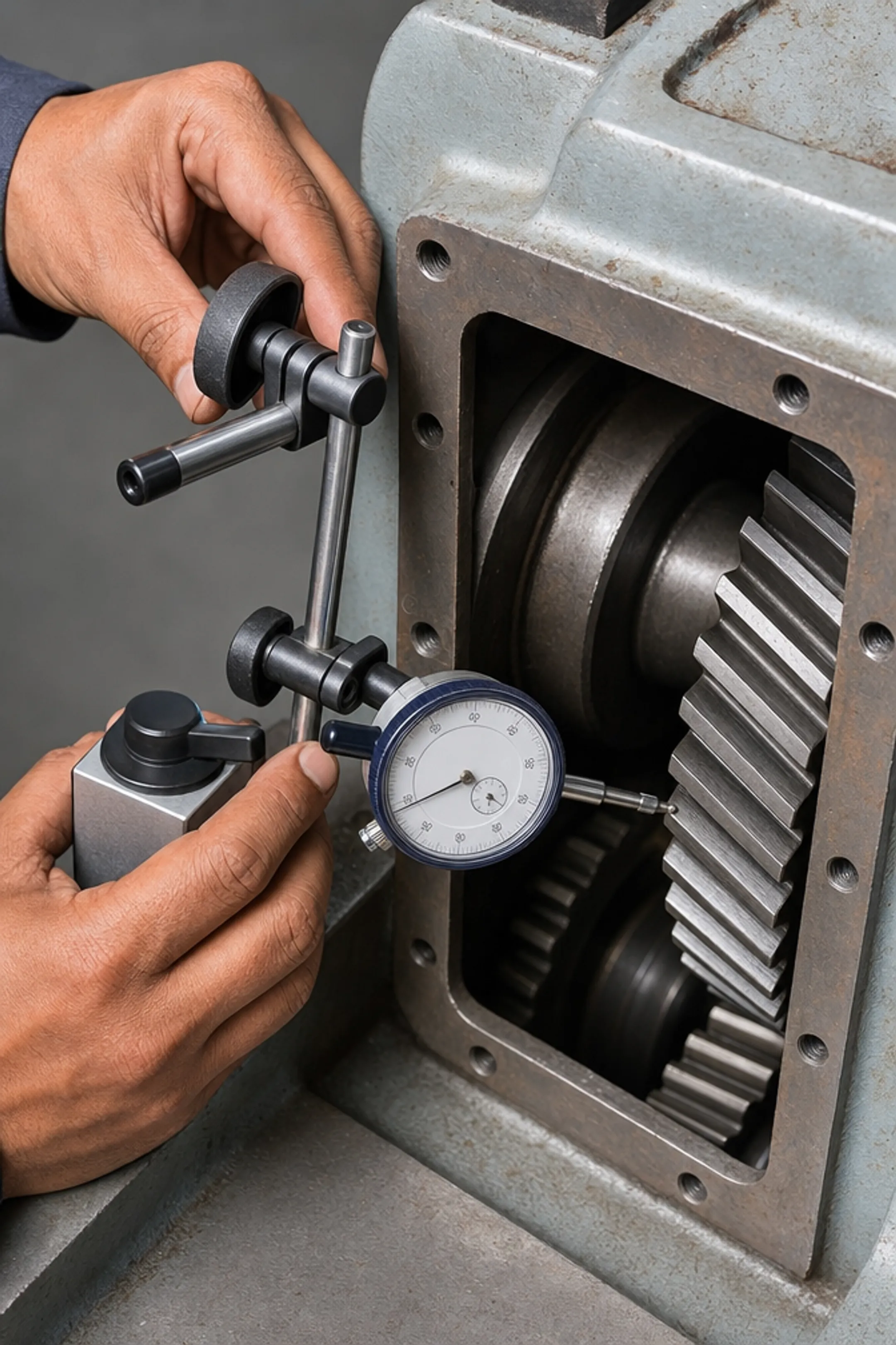 Dial indicator measuring backlash on industrial worm gear shaft