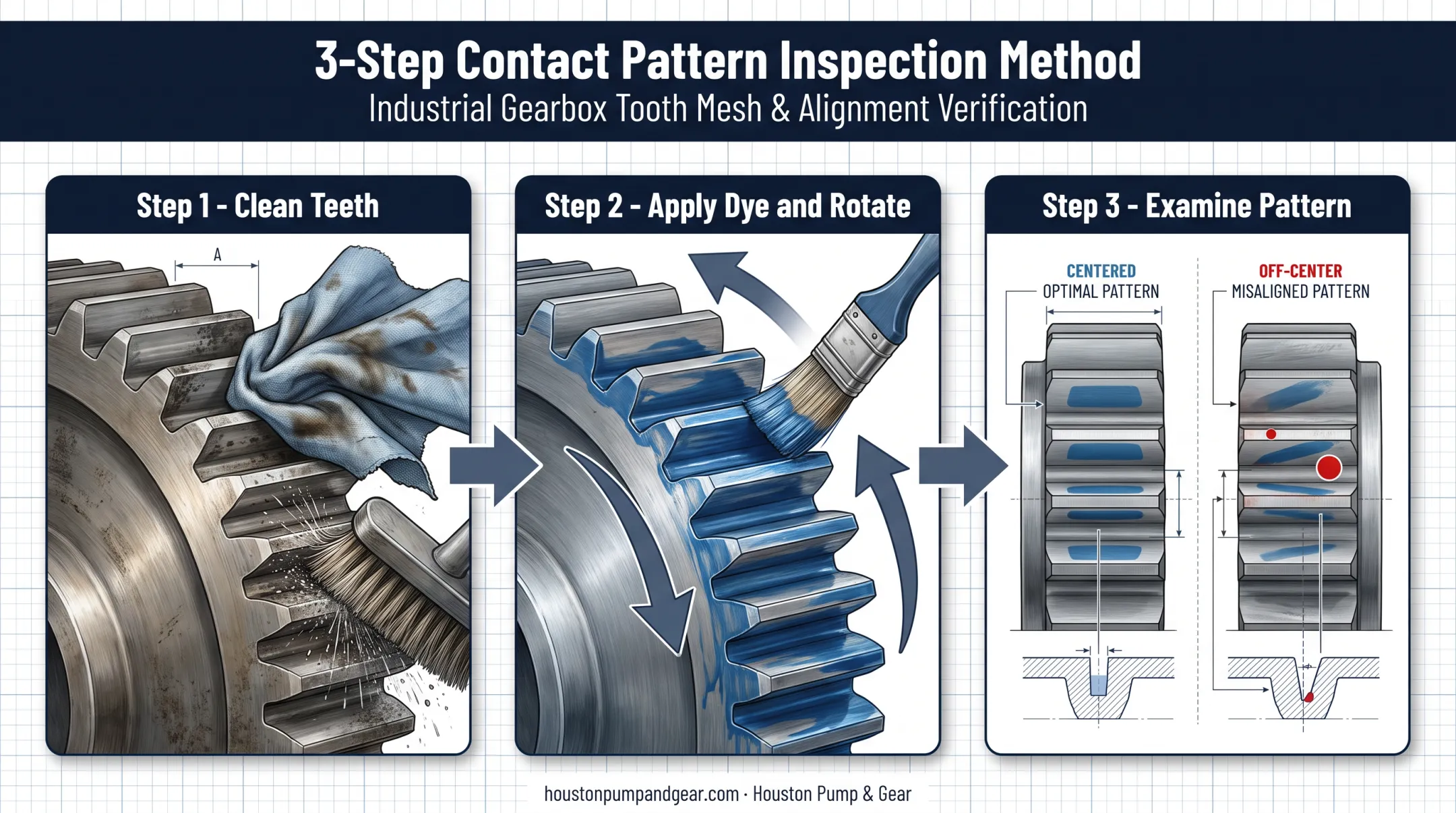 Worm gear contact pattern inspection steps with dye application diagram